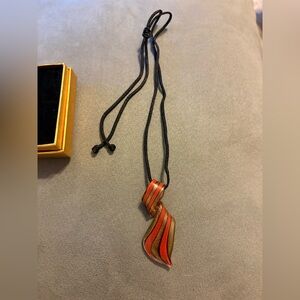 Art Glass Pendant Cord Necklace Made In Thailand NEW Orange Gold Abstract